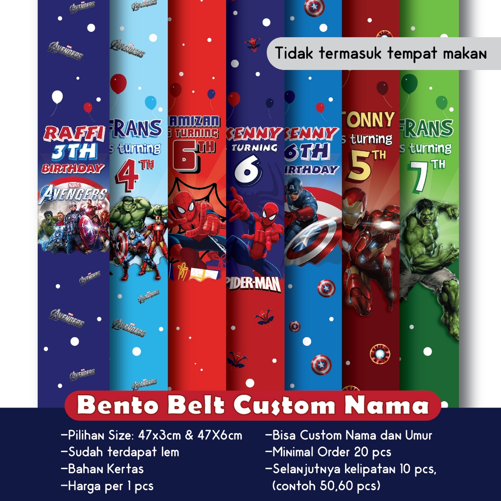 

BENTO BELT AVENGERS SPIDERMAN IRONMAN CAPTAIN AMERICA HULK PAPER BELT AVENGER MARVEL BENTO BELT CUSTOM NAMA ULANG TAHUN HAPPY BIRTHDAY ULTAH HBD KERTAS UCAPAN STIKER SLINGER TEMPELAN NASI KOTAK MAINAN GAMBAR