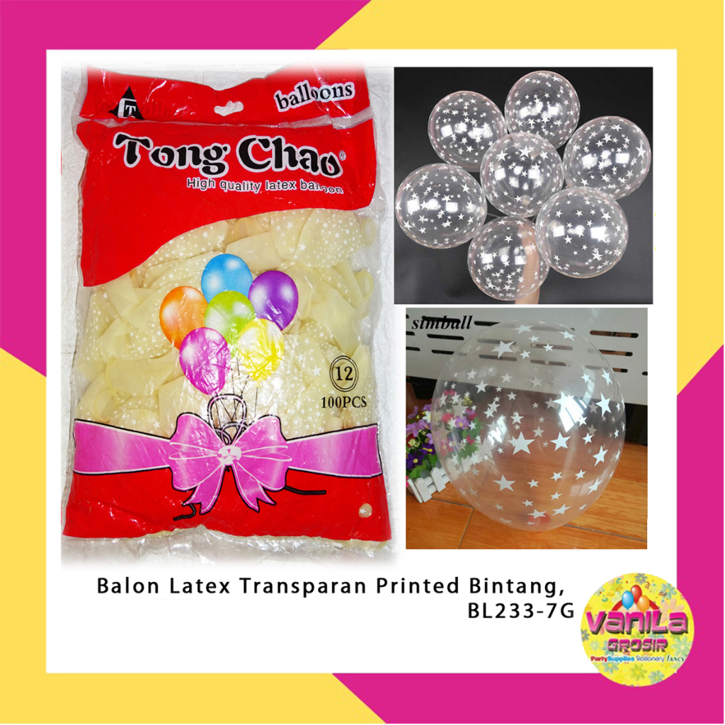 (100Pcs) Balon Latex Transparan Motif Bintang (2,8gr), balon transparan bintang, balon dekorasi pest
