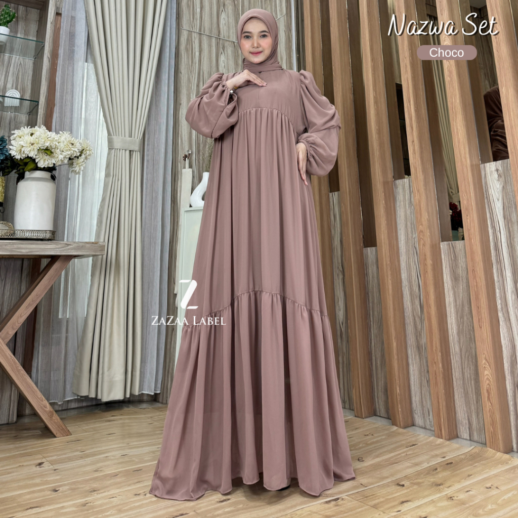 Zazaa Label - Nazwa Set Gamis Hijab Polos Bahan Ceruty Susun Lengan Balon Pesta Mewah Busui