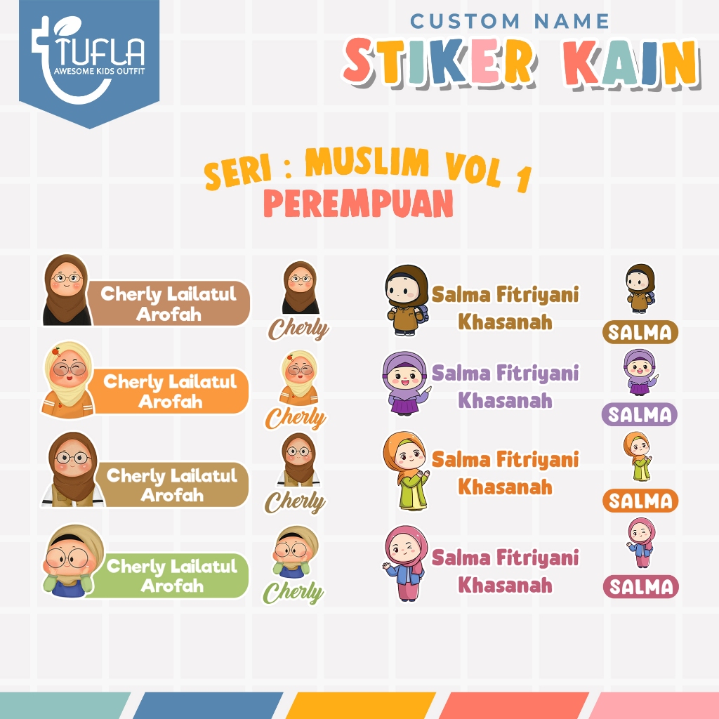 

[ISI 44-96pcs] Stiker Custom Nama Baju Kain Anak Setrika Label Seragam Sekolah - Seri Muslim Perempuan 1