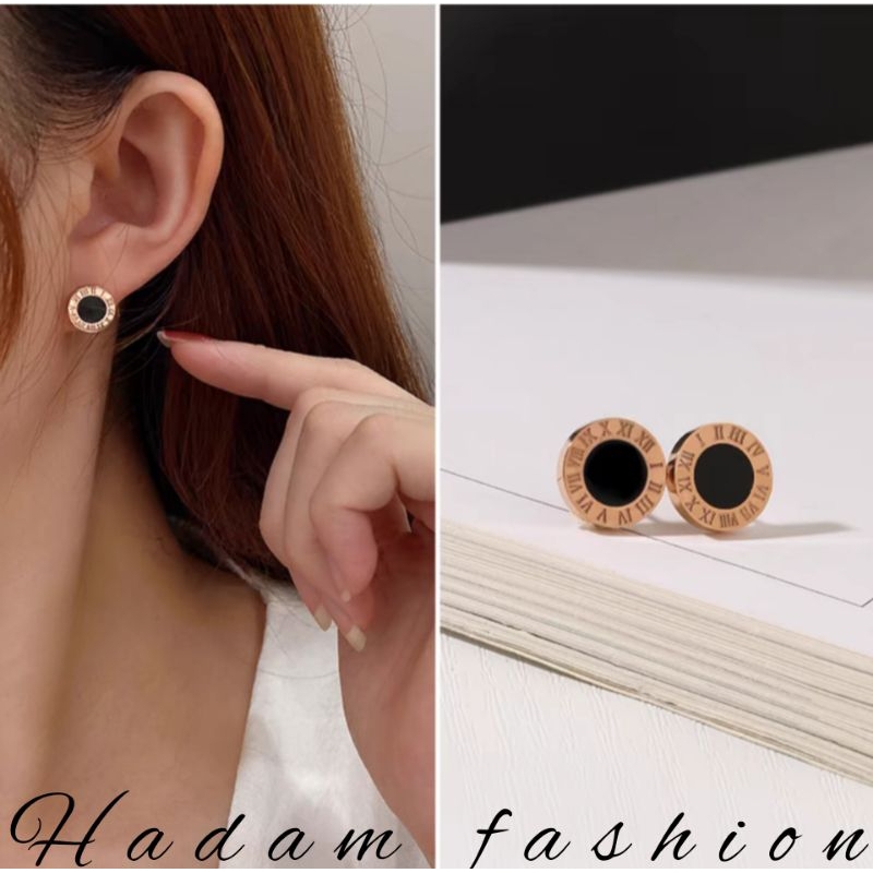 Anting Titanium Wanita Korean Steyl Bulat Hitam Romawi Kekinian Anti Karat Dan Tidak Mudah Luntur