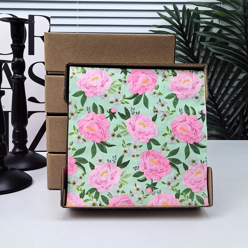 370. Decoupage napkins / Tisu decoupage 33x33cm motif bunga pink bg hijau