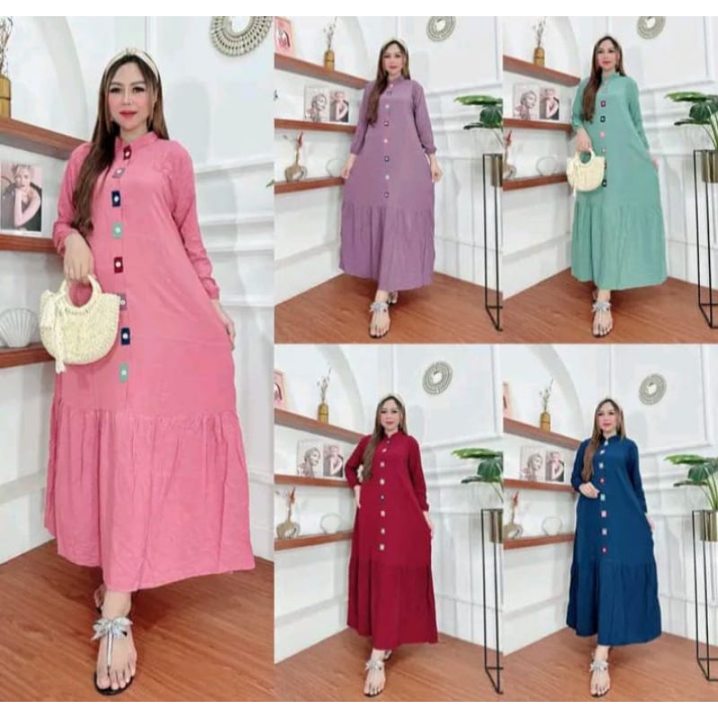 Gamis Kancing Depan Rempel Bawah Bahan Rayon Premium Lengan karet