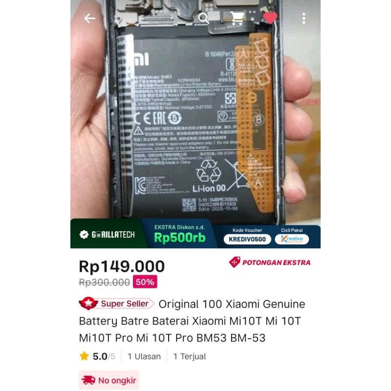Xiaomi BM53 BM-53 Original 100% COPOTAN ASLI BAWAAN HP Battery Batre Baterai Xiaomi Mi10T Mi 10T Mi1
