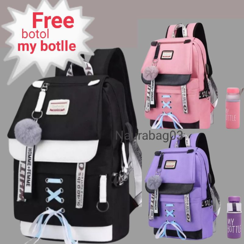 Tas ransel wanita model Korean style Tas sekolah SD SMP SMA free my botlle