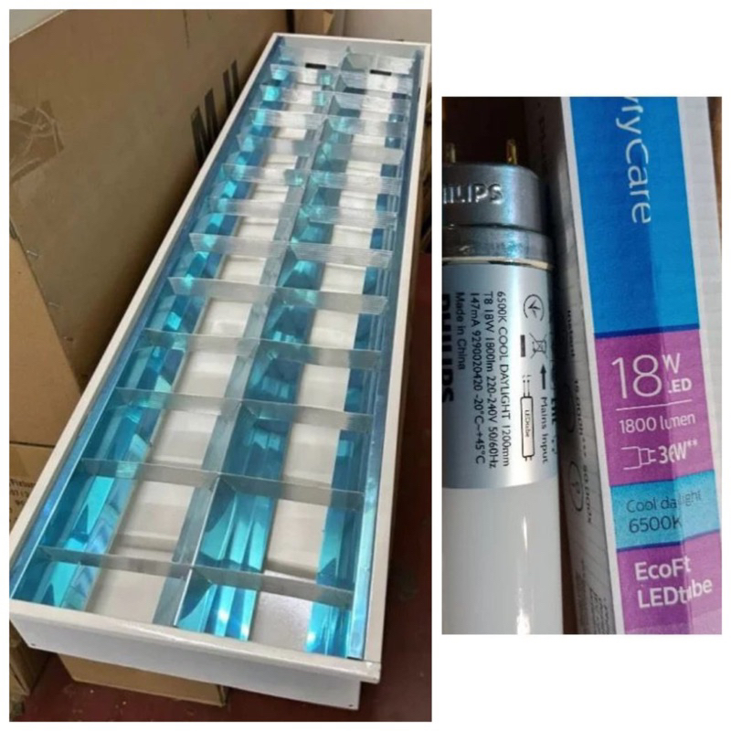 Kap lampu RM 2x36 2x18 Watt Komplit set led Philips 2x18W kap RMI Komplit Led 18 Watt Philips Putih