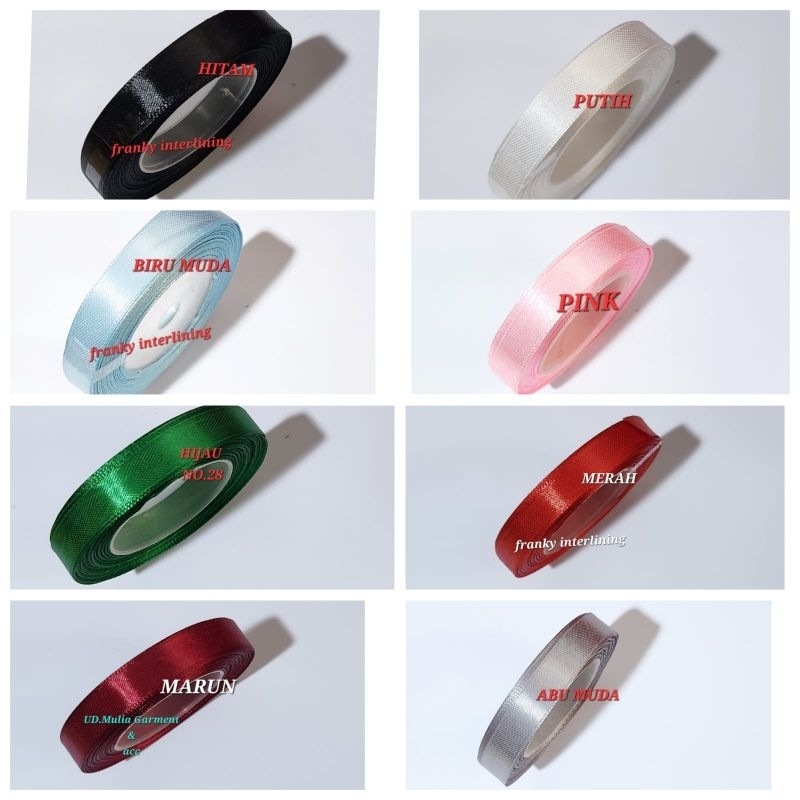 

Pita Satin bungkus Souvenir DLL Lebar 1cm Isi 18 Meter