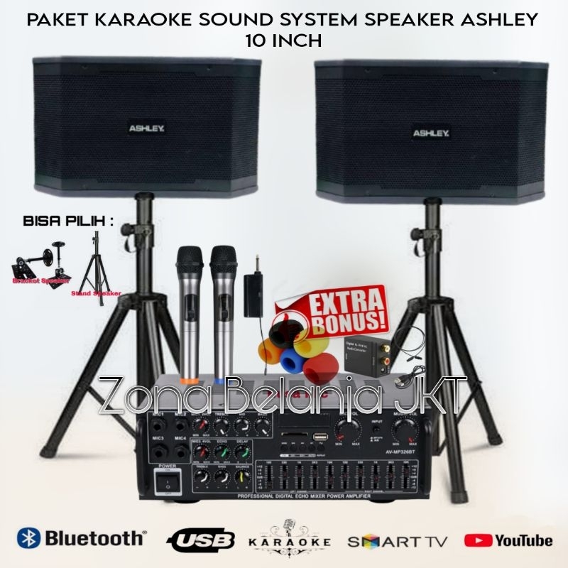 PAKET SOUND KARAOKE RUMAH SPEAKER ASHLEY 10 INCH AMPLIFIER USB BLUETOOTH MURAH BERKUALITAS ORIGINAL