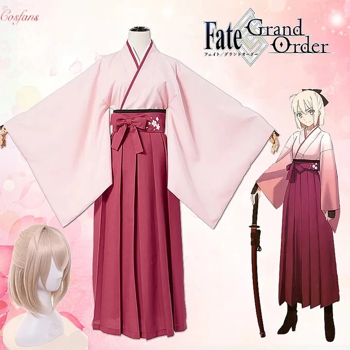 Anime FGO Fate Grand Order Sakura Saber Okita Souji Kendo Uniform Cosplay Costume Full Set Kimono Ha