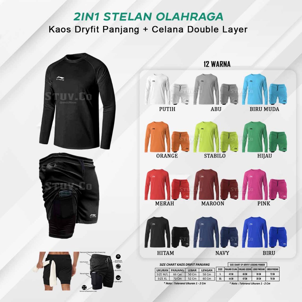 STELAN 2IN1 KAOS PANJANG DRYFIT CELANA DOUBLE LAYER OLAHRAGA SEPEDA BADMINTON PRIA WANITA