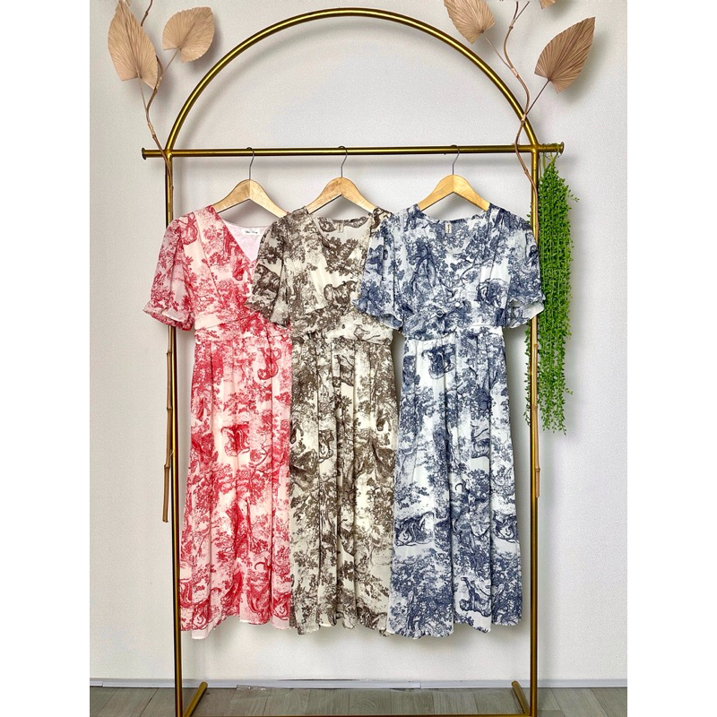 Merah, Biru, Coklat Marble Midi Dress - Casual Kasual / Import Impor  / Floral Dress bunga / Korean 