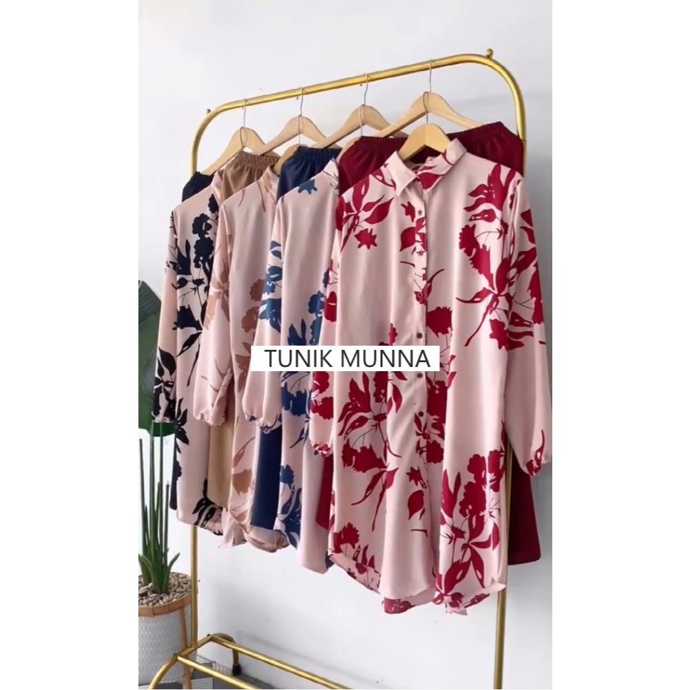 MUNNA TUNIK SET CELANA Setelan Tunik Wanita Motif Bunga Panjang Muslim