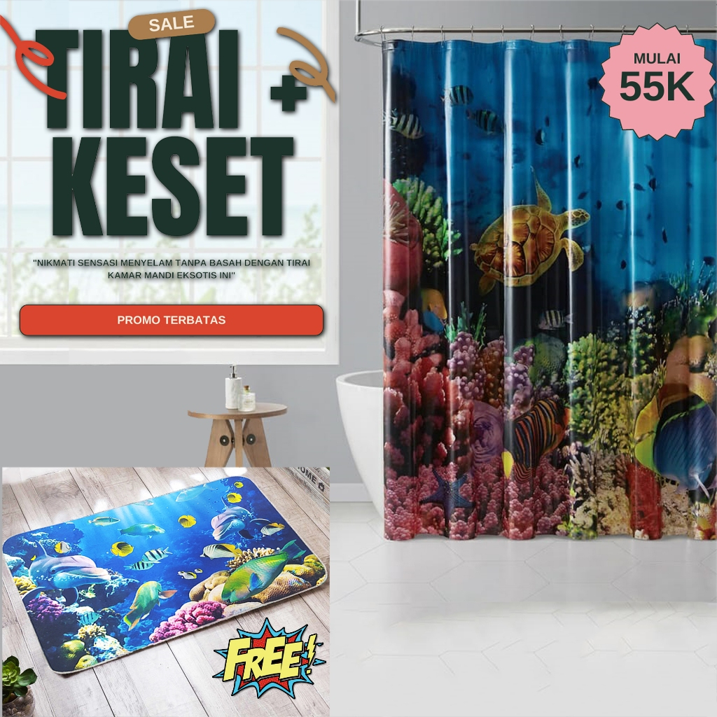 Donesubego - Tirai + Keset Kamar Mandi Bawah Laut - Tirai Tebal Waterproof Sensasi Menyelam
