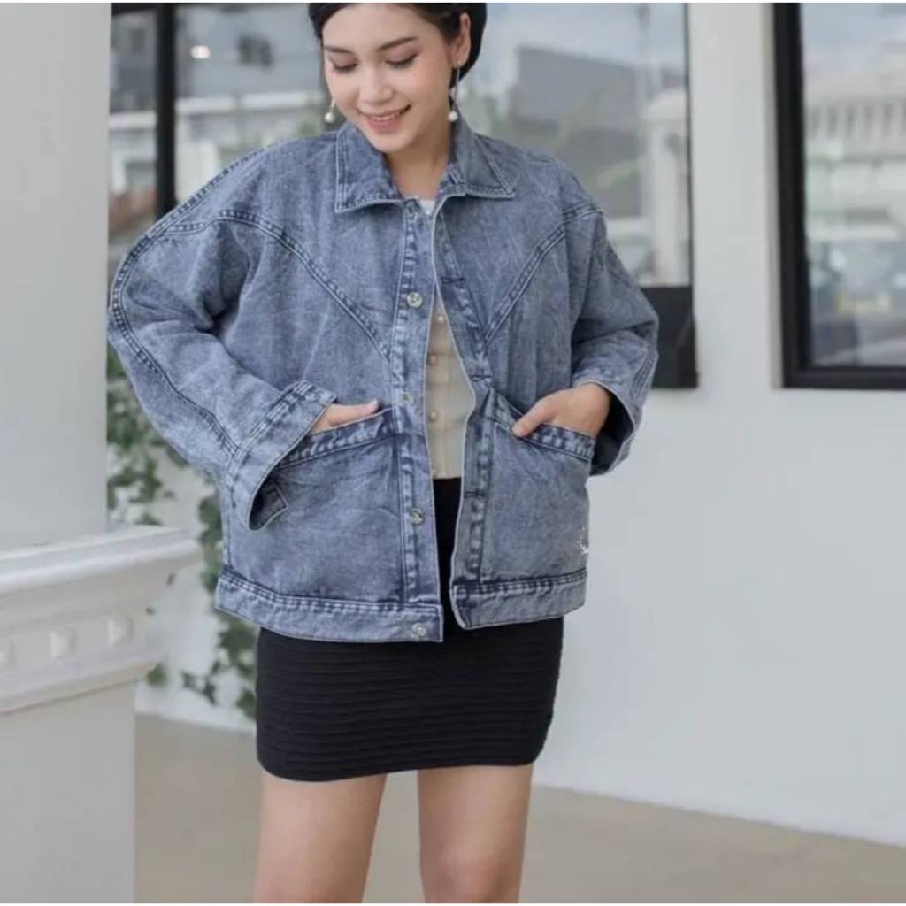 Jaket Jeans Oversize Wanita - Jaket Jeans Casual Wanita Lengan Karet dan Kancing