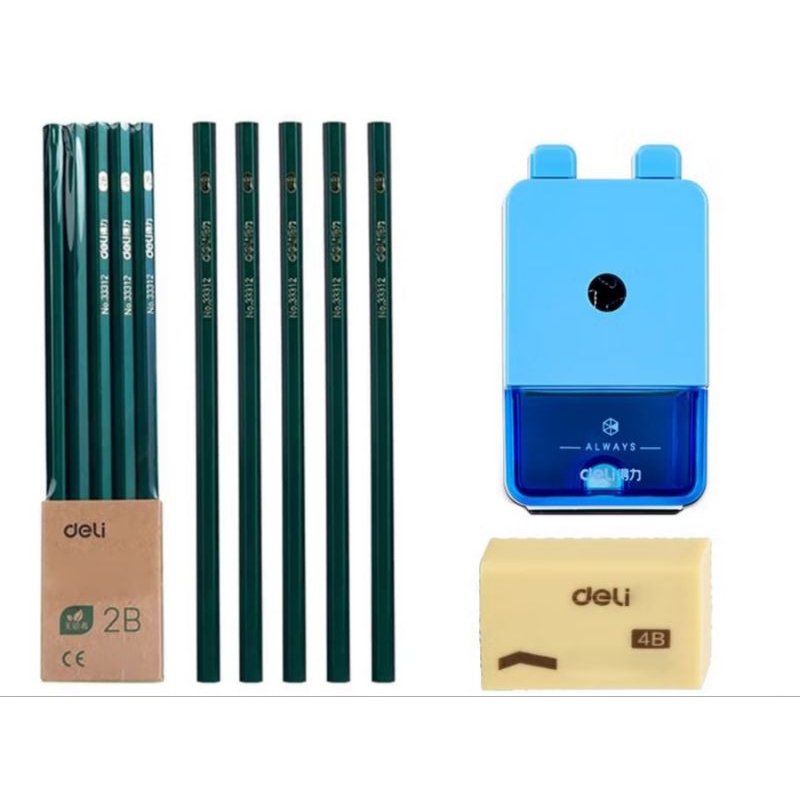 

Deli Combo Set 2 - 10pcs Pensil 2B + 3pcs Penghapus + Rautan Putar
