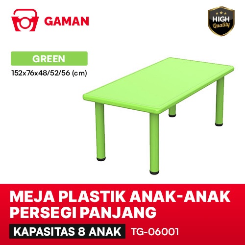 MEJA PLASTIK ANAK-ANAK PERSEGI PANJANG - 152x76x48/52/56 (cm) KAPASITAS 8 ANAK - HIJAU - TG-06001