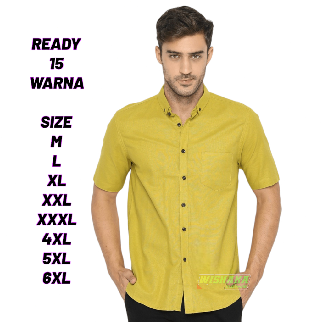 WISHAKA Kemeja Pria Lengan Pendek Cowok Polos Katun Lime Hijau Muda XXL XXXL Kasual