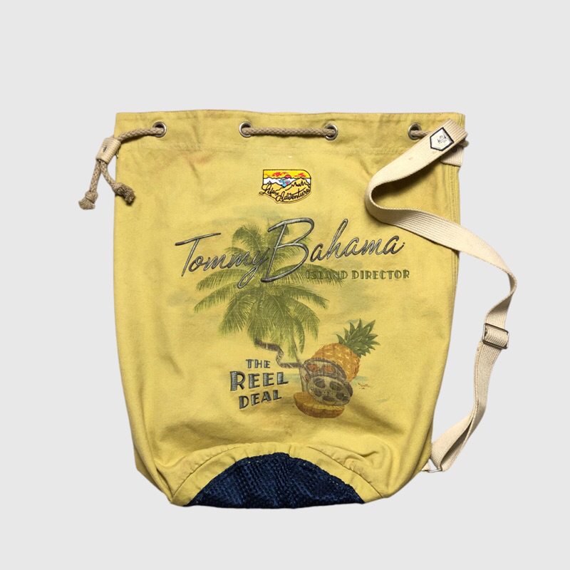 Tommy Bahama Vintage Beach Bag Canvas Drawstring Shoulder Bag Khaki Yellow