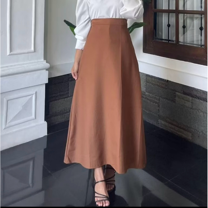 Rok Skirt Korea Style Lebar Payung Longgar Polos Wanita Panjang A Line Crinkle Airflow Terbaru /rok 