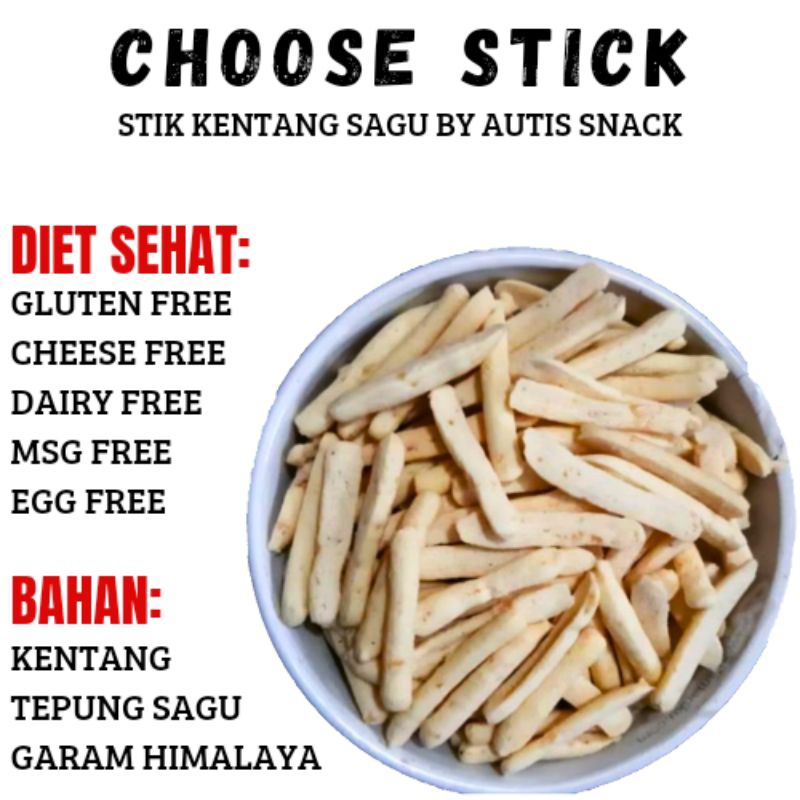 

STICK KENTANG SAGU,choose stick non telur, AUTIS FOODS, non msg. diet sehat, untuk AUTIS/GLUTEN FREE/DAIRY FREE/MSG FREE/SNACK AUTISME