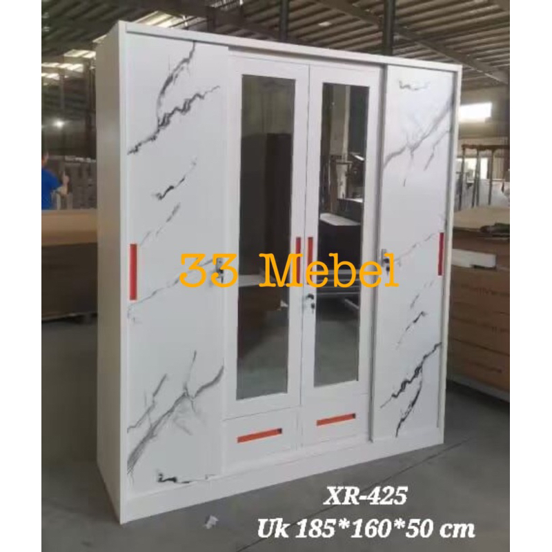 Lemari Pakaian Besi Impor Stainless Sliding 4 Pintu Cermin