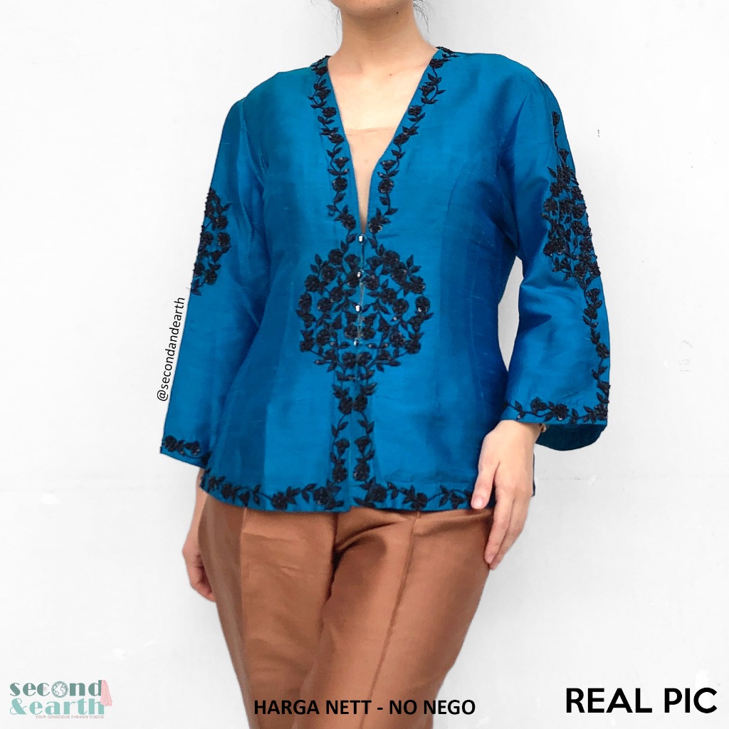 AAN Kebaya Blouse (M) Atasan Lengan Panjang Payet Bordir Hitam Taffeta Biru Polos VNeck Long Sleeve 