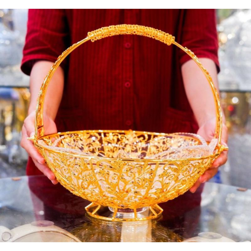 Tempat Keranjang Buah Multiserbaguna  Akrilik Kaca Gold Putih Emas Satu Set Import Emas Lebaran Mewa
