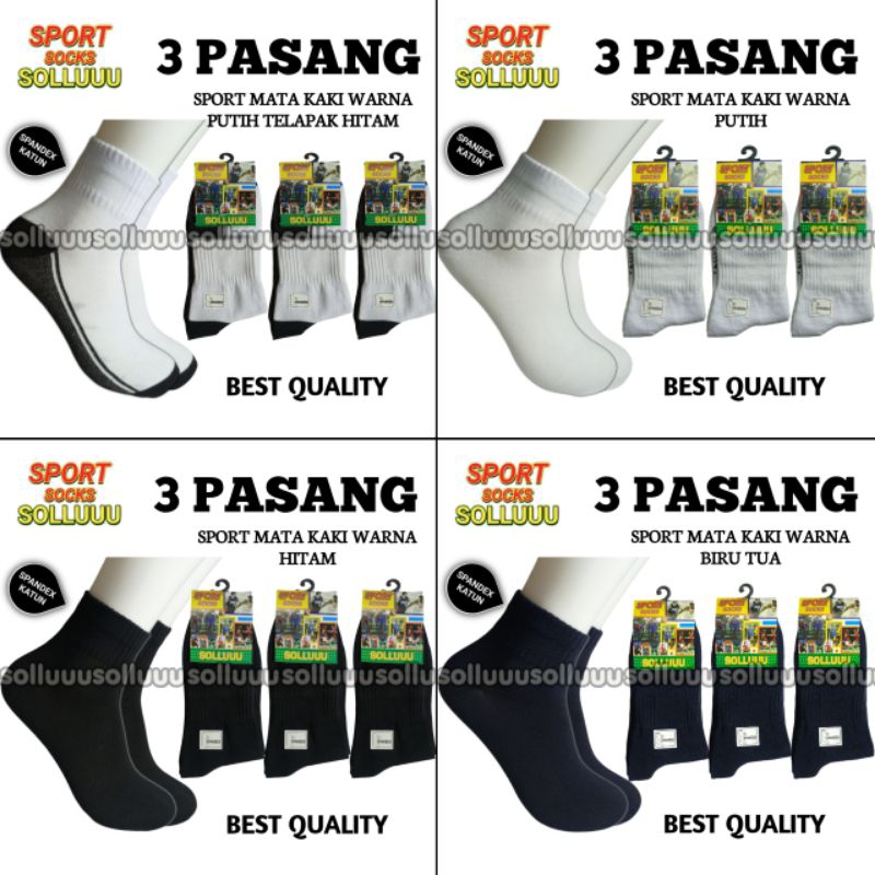 PAKET 3 Pasang Kaos Kaki Pendek Mata Kaki Kodachi Sport Garis Tiga Warna Hitam Putih Abu Polos Bahan