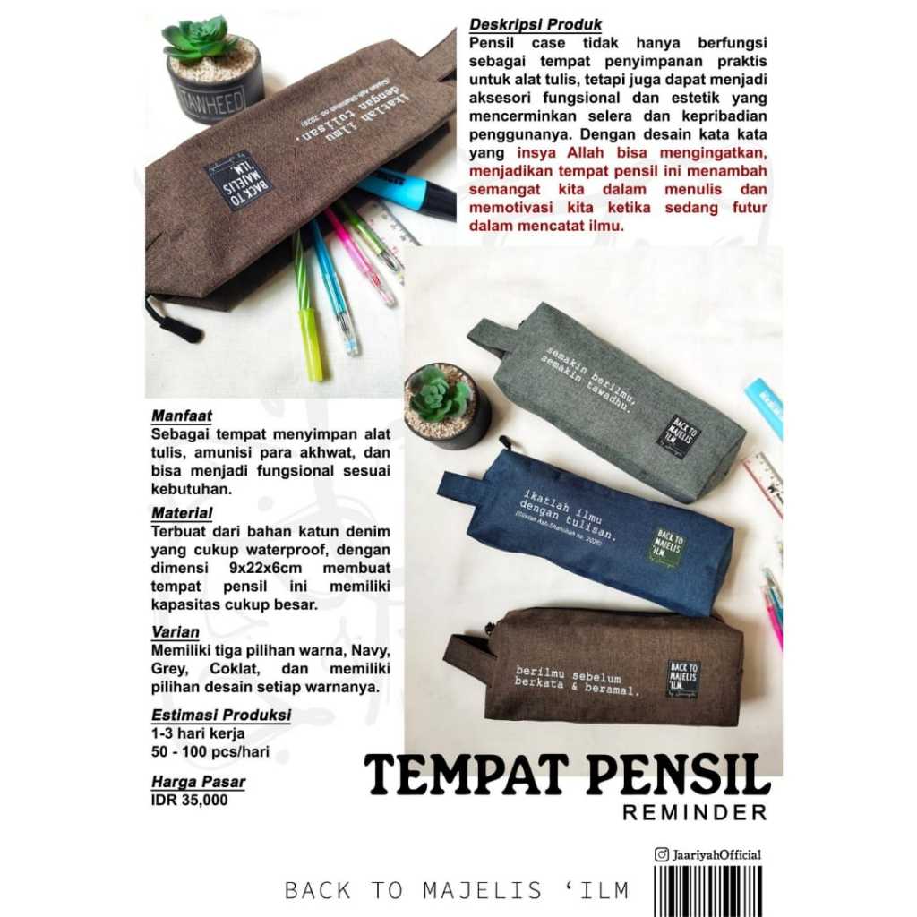 

Jaariyah Tempat Pensil Islami Anak Dewasa Katun Denim Tebal Waterproof