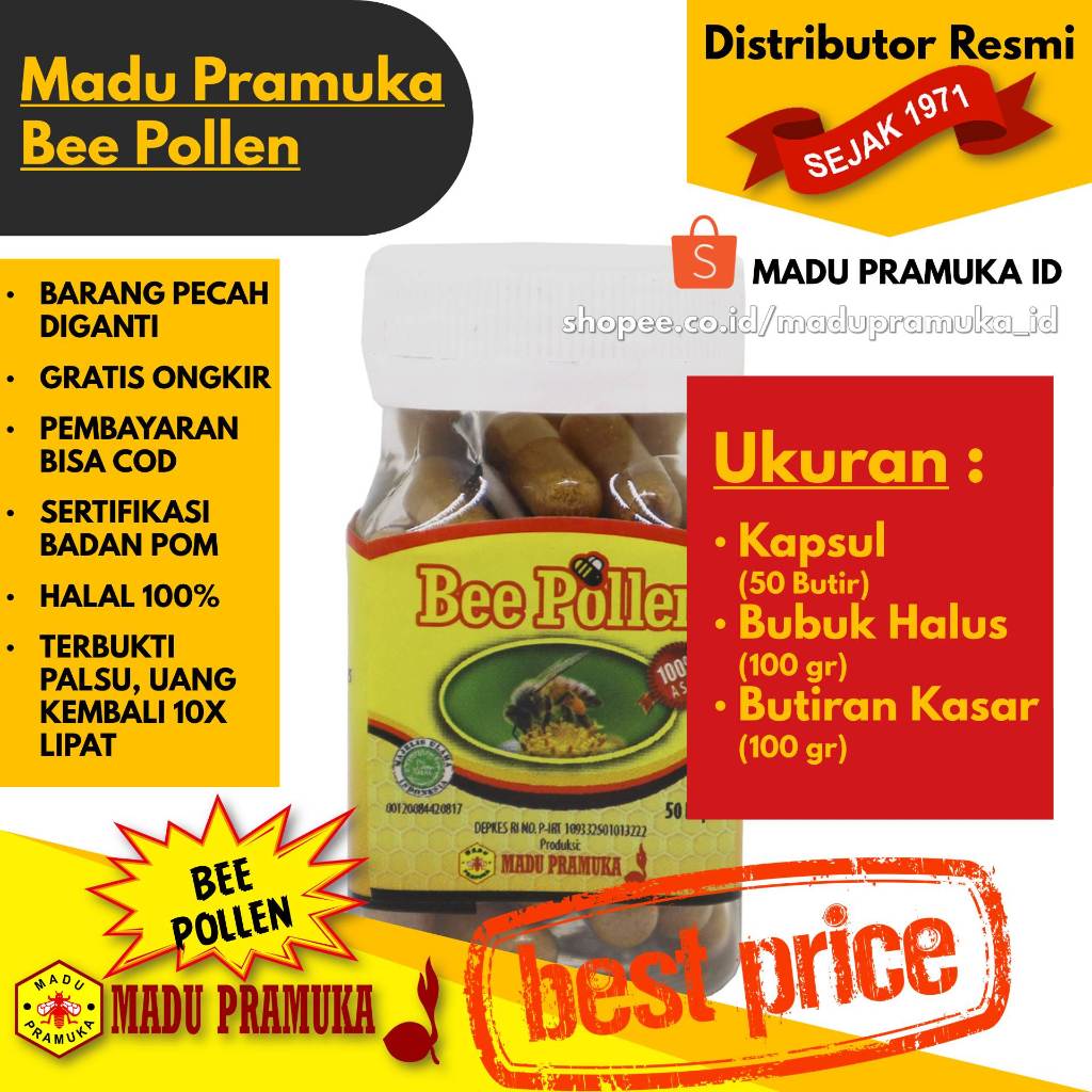 

Bee Pollen (Kapsul, Bubuk Halus, Butiran Kasar) - Madu Pramuka Asli Enak Original Alami Murni Murah