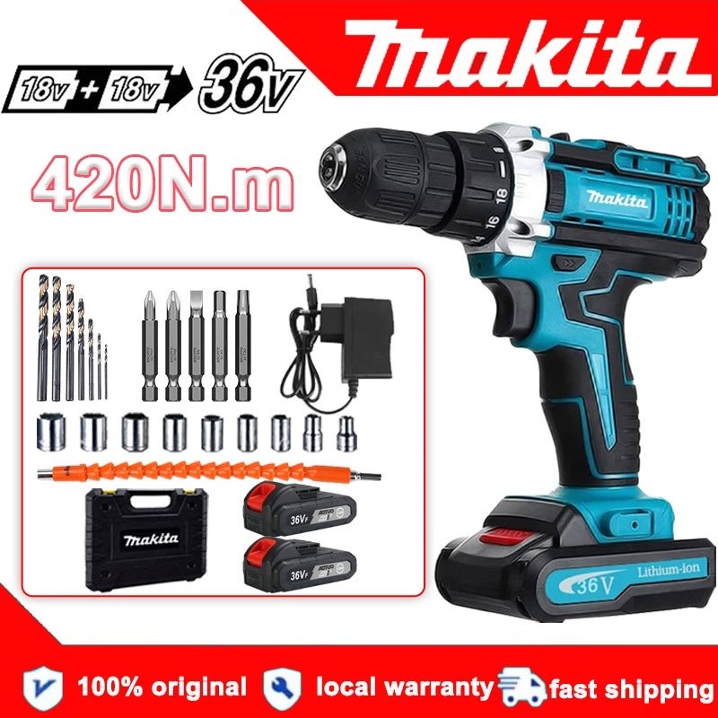 Makita Cordless Drill 36V Drill Power Tools 2 Electric 1 Rechargeable Drill Bit Set for Metal Wood a