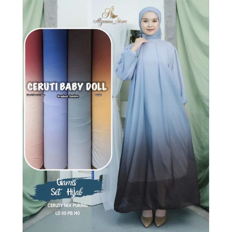 Baju dress gamis gradasi set kerudung wanita muslimah premium | Kania ombre -Alzenna