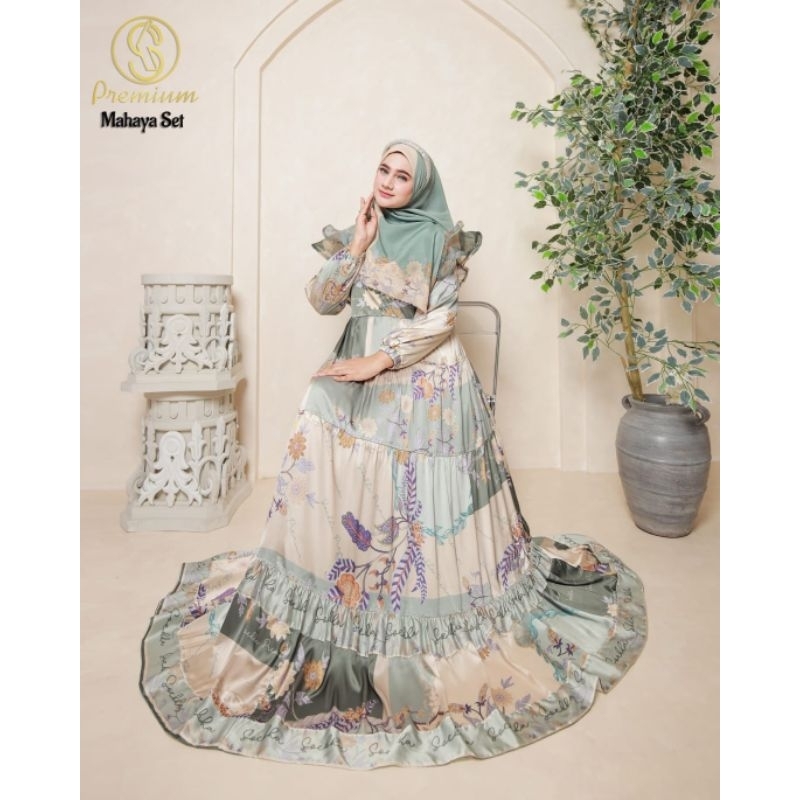 Gamis Syar'i Wanita Mahaya Sajiwa Set Hijab Mat Armany Silk Digital Printing Motif Bunga