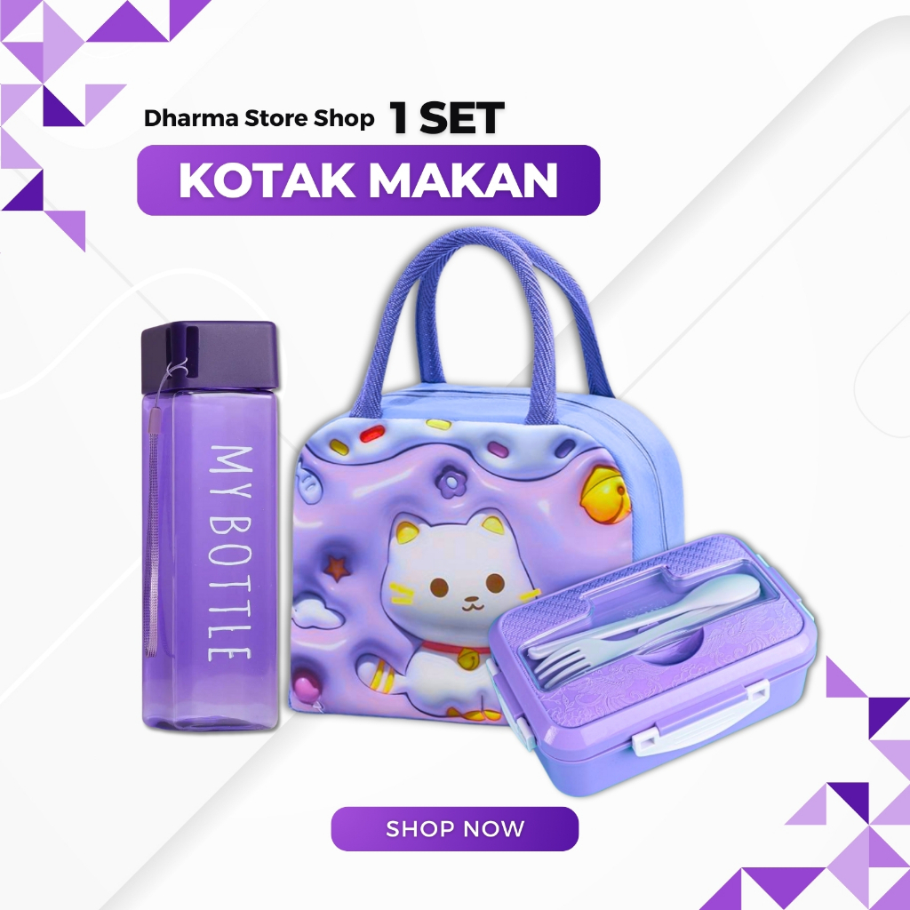 Kotak Bekal Tempat Makan Anak Sekolah Perempuan Laki Laki Lunch Box Set Botol Minum Tas Karakter Aes