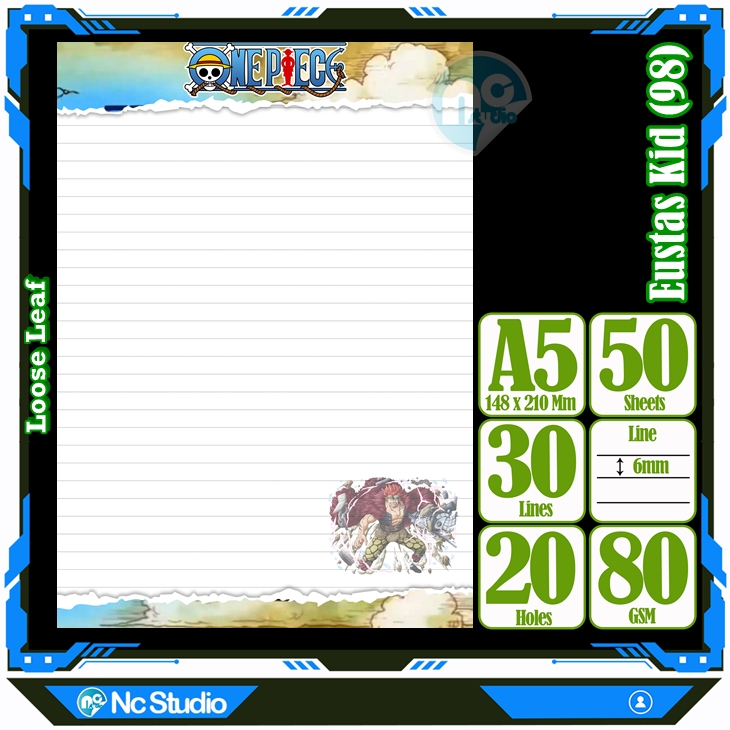 

Loose leaf Kertas binder A5 Isi 50 Lembar Polos karakter Eustas Kid Kapten Frangky Frangki One Piece Anime Kartun Buku Refil isi ulang Repil Vol-15