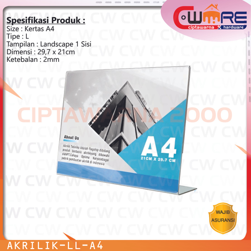 

Akrilik A4 Acrylic Papan Iklan Menu Usaha Kantor Landscape Tipe L