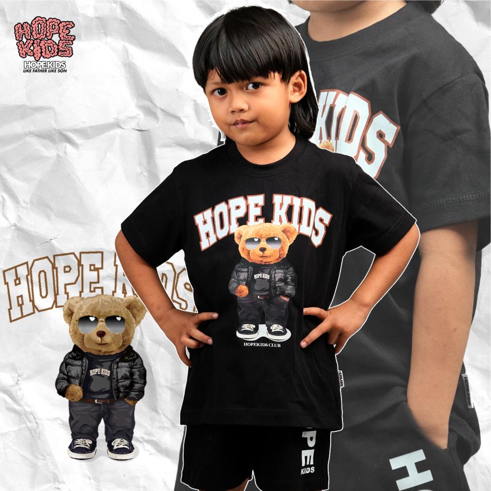 HOPEKIDS Kaos Anak Laki-laki & Perempuan Lengan Pendek "Bear Hype"  Hitam Usia 1-12 Tahun