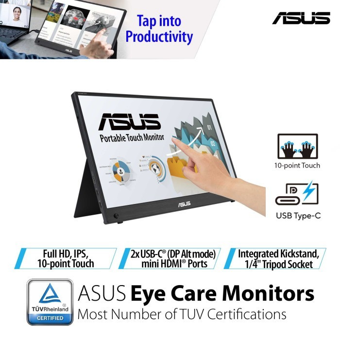 Monitor Asus MB16AHT 16" Touch Screen - Monitor Portable Asus ZenScreen MB16AHT Type C IPS