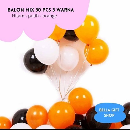 Paket Balon Latex Tebal Doff Mix 30 pcs (Hitam putih dan Orange) 12 inch