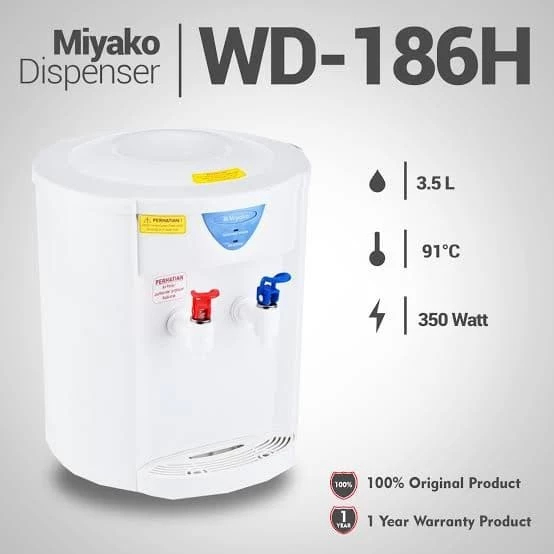 MIYAKO DISPENSER MEJA GALON ATAS WD 186 H / WD 186H DISPENSER PANAS NORMAL MODEL BULAT