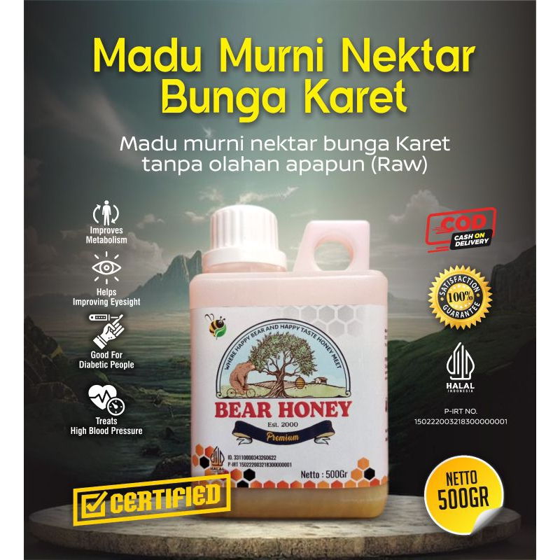 

MADU Mentah Murni BEAR HONEY FULL NEKTAR BUNGA KARET Kemasan 500 gram