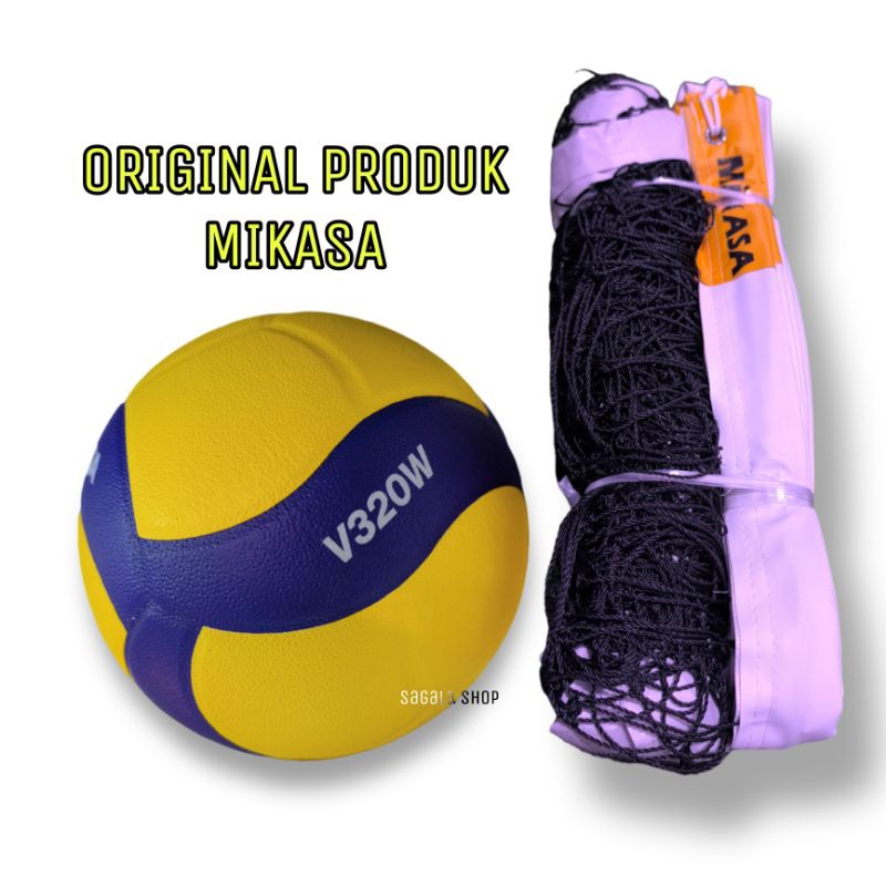MIKASA ORIGINAL Bola Voli V320W 1 Set Dengan Net Volly Voly Volley Ball Competition Match Official