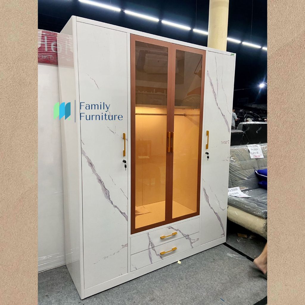 Lemari Pakaian Plat Besi 4 Pintu Kombinasi 2 Pintu Kaca Berlampu Led Sensor dan 2 Buah Laci