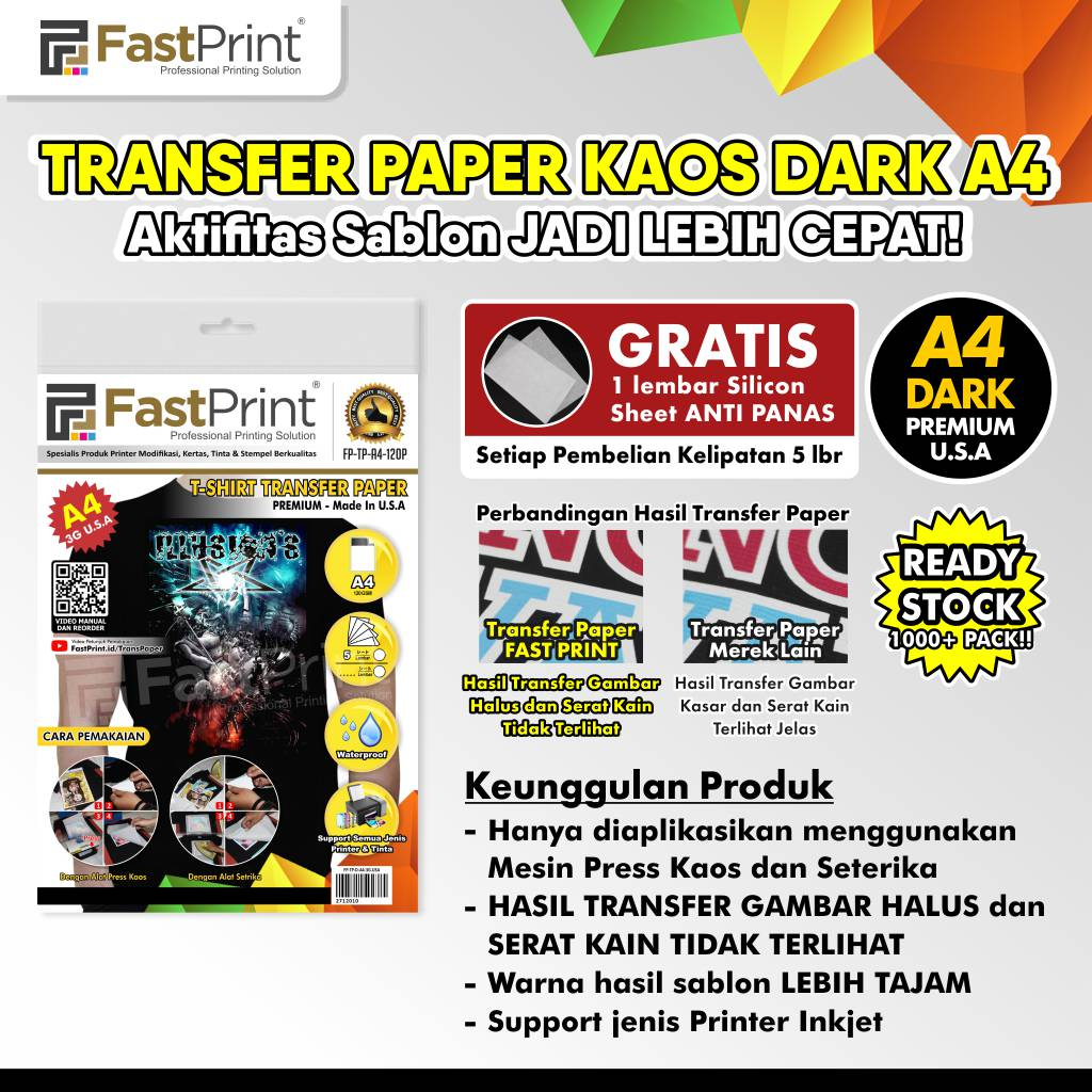 

Fast Print Kertas Transfer Paper Sablon T-Shirt Dark USA Premium A4