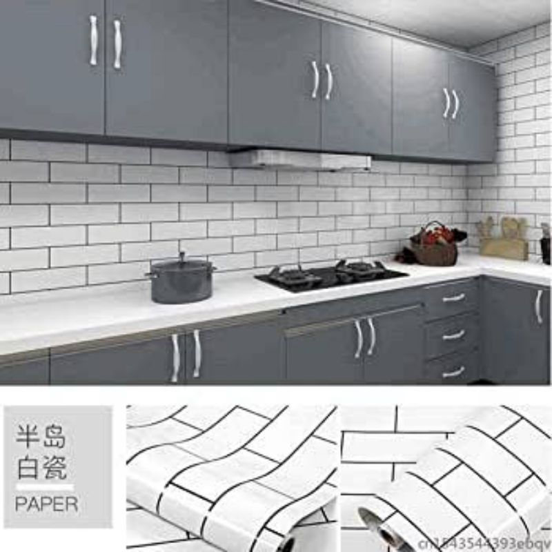 Wallpaper Sticker Dinding Glossy Bata Putih List Hitam Dapur Kitchen Set Kamar Mandi