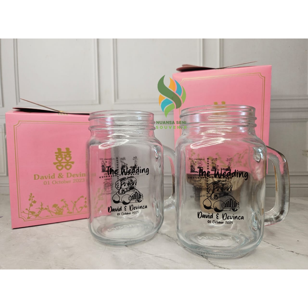 Souvenir Gelas Mug Jar Kaca Cangkir Jus Gagang Kaca Aesthetic Gelas Cafe Drinking Jar Doff Sablon Ke