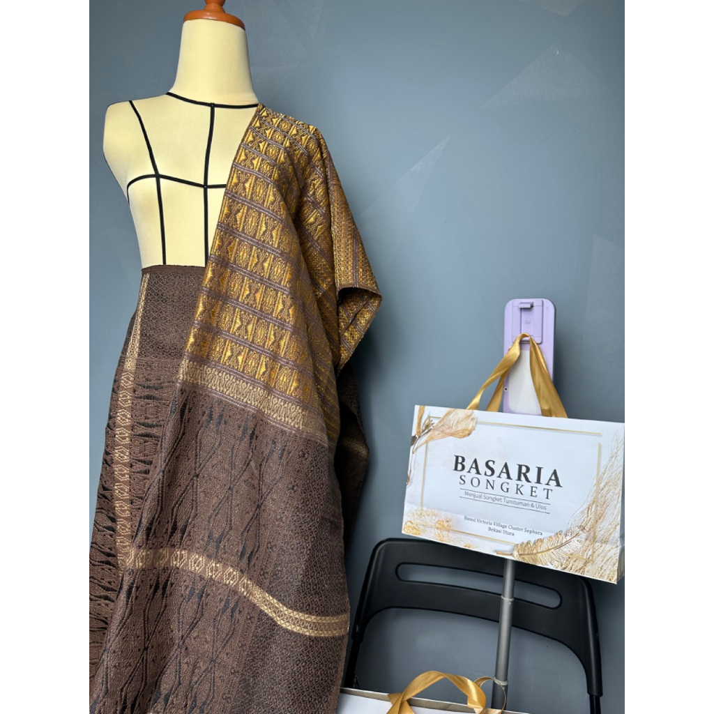 Songket Tumtuman Benang Full Kristal Coklat Gold