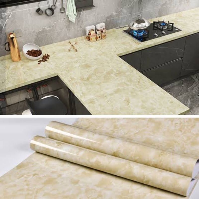 Wallpaper Stiker Glossy Kitchen Set Motif Granit Krem Mewah Kekinian