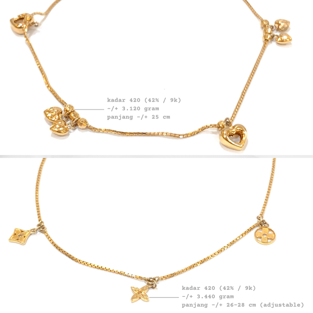 Toko Emas Amiin Gelang Kaki Emas Asli Kadar 420 (42% / 9K) 3 Gram - Rantai Italy Santa Variasi Love 