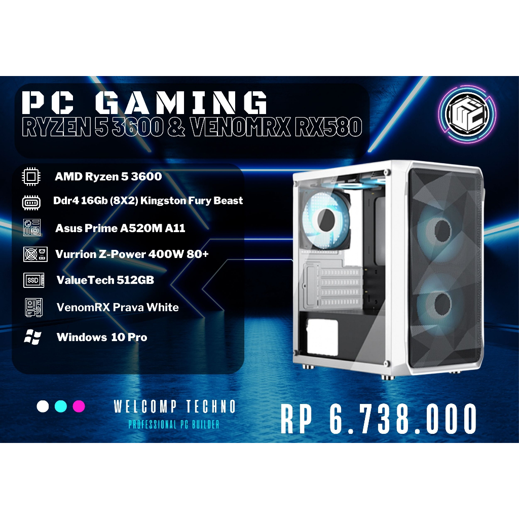 Komputer PC Gaming Ryzen 5 3600 / 16Gb (8X2) / 512GB Sata / VenomRX RX580 / Prava White
